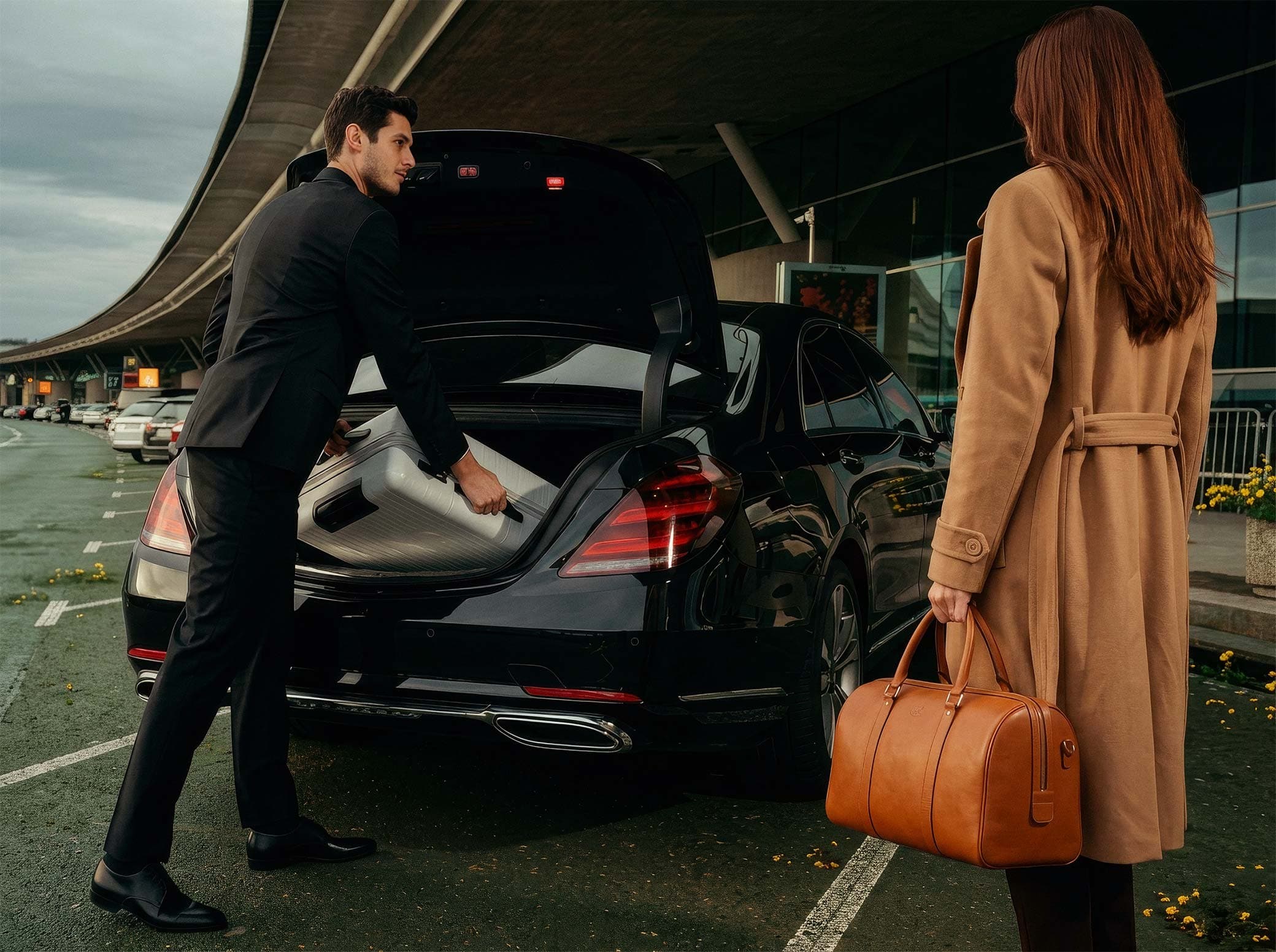 Chauffeur loading a suitcase into a black sedan at the airport curb